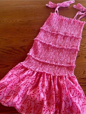 Pink Smocked Mini Dress with Floral Skirt